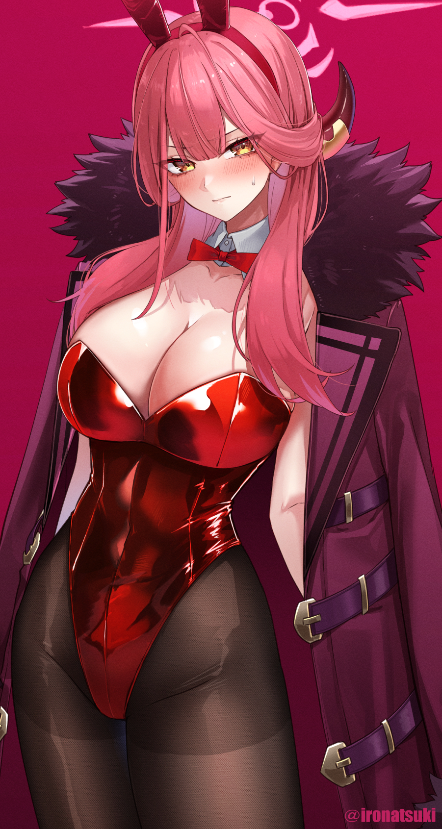 1girl alternate_costume aru_(blue_archive) black_pantyhose blue_archive blush breasts brown_horns cleavage coat commentary_request detached_collar halo highres horns ironatsuki large_breasts leotard long_hair looking_at_viewer pantyhose playboy_bunny purple_coat red_leotard solo strapless strapless_leotard twitter_username yellow_eyes