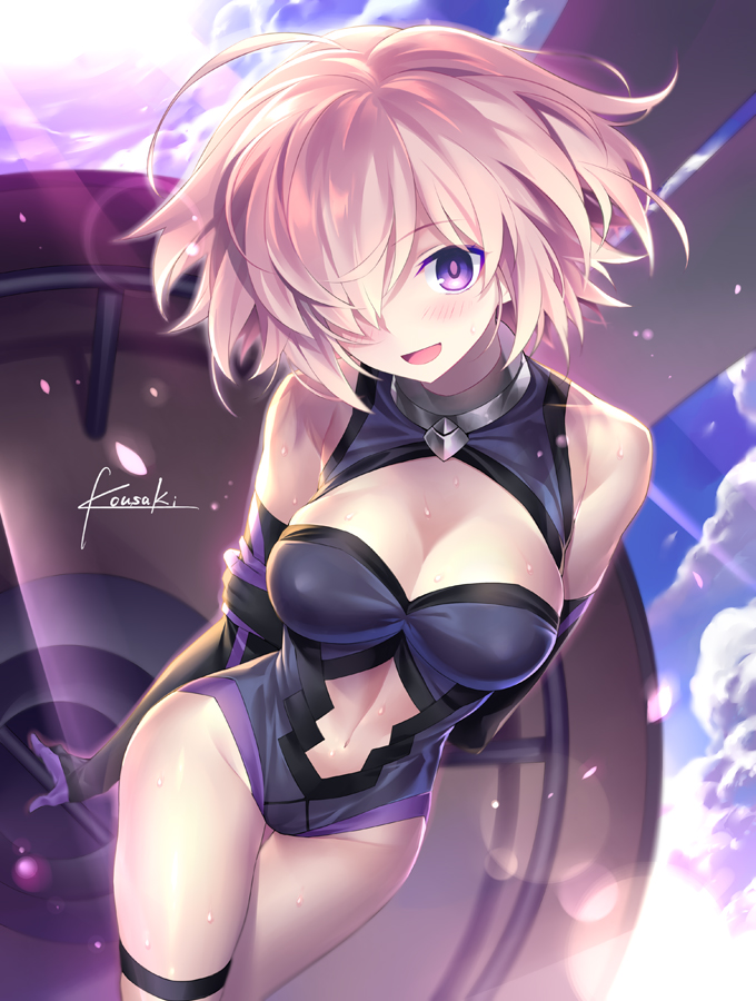 1girl :d ahoge arms_behind_back bare_shoulders black_gloves blush breasts cleavage cleavage_cutout clothing_cutout cloud commentary_request crossed_legs day elbow_gloves fate/grand_order fate_(series) female_focus gloves groin hair_over_one_eye hand_on_own_arm holding_own_arm kousaki_rui lens_flare leotard light_rays looking_at_viewer mash_kyrielight medium_breasts navel navel_cutout open_mouth purple_eyes purple_hair shield short_hair skin_tight sky sleeveless sleeveless_turtleneck smile solo sunbeam sunlight sweat thigh_strap turtleneck