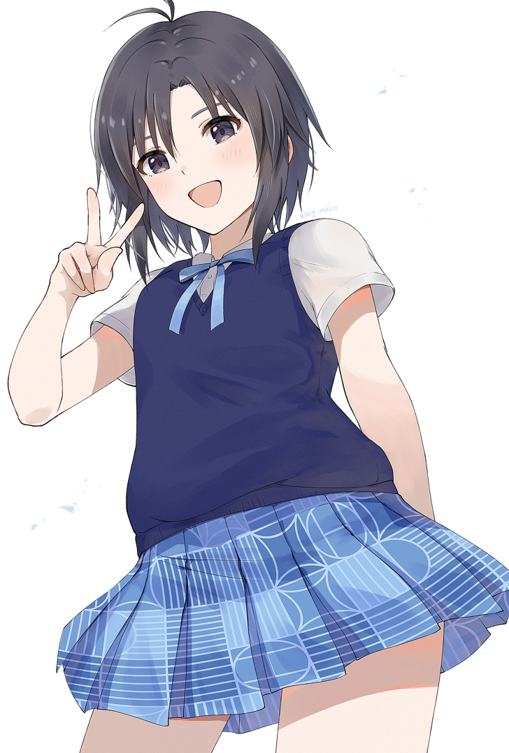 1girl black_eyes black_hair idolmaster kikuchi_makoto looking_at_viewer mogskg open_mouth school_uniform short_hair short_sleeves simple_background solo