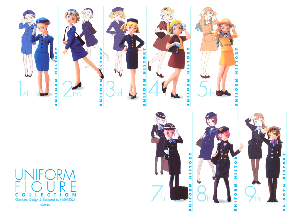 6+girls airline all_nippon_airways comparison figure flight_attendant hat multiple_girls nishieda pantyhose pencil_skirt photo_(medium) simple_background skirt travel_attendant uniform