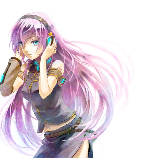 1girl bad_id bad_pixiv_id blue_eyes female_focus gradient_background headphones koromono long_hair megurine_luka midriff navel pink_hair solo vocaloid white_background