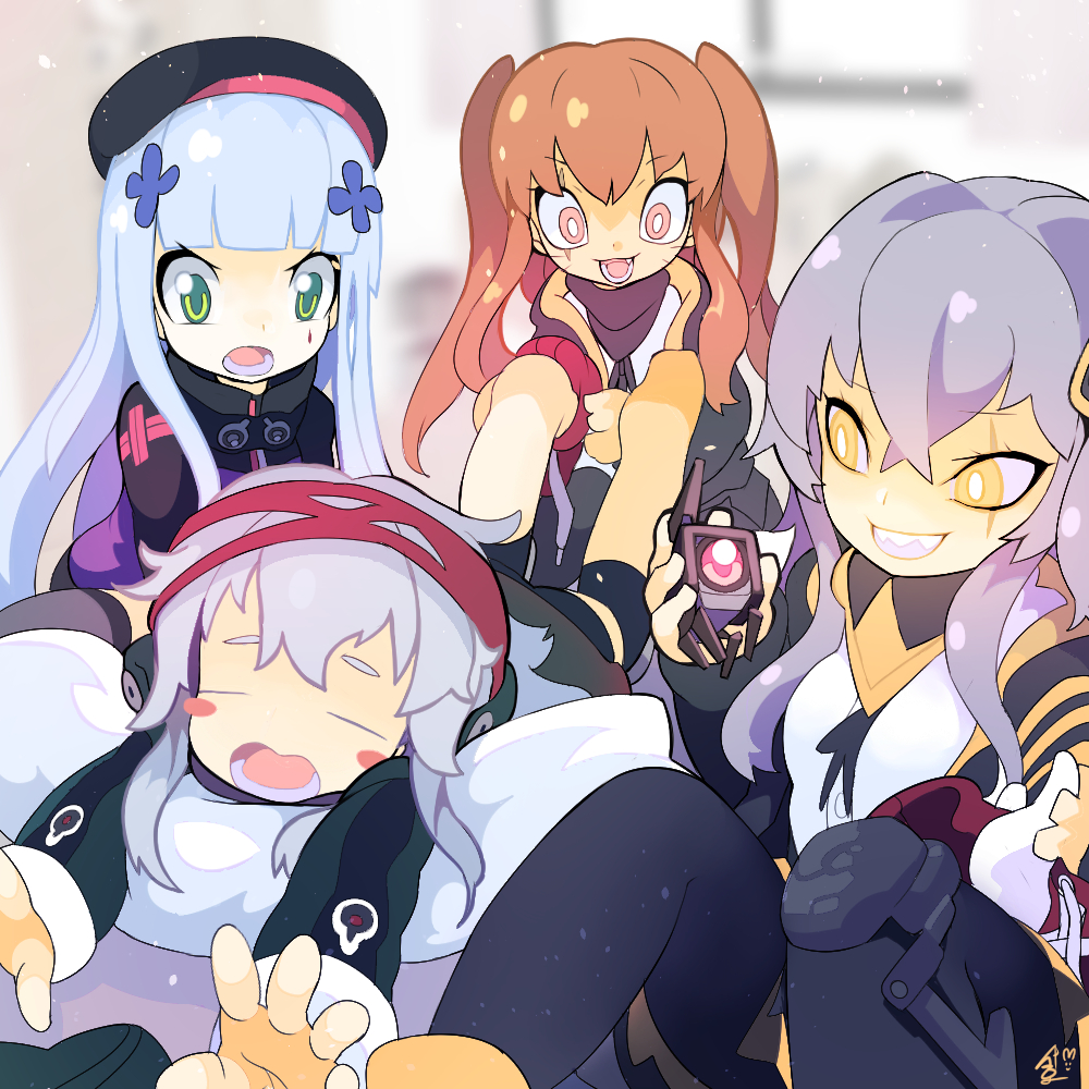 4girls black_headwear blunt_bangs blurry blurry_background blush character_request closed_eyes girls&#039;_frontline green_eyes hair_between_eyes hair_ornament hat hk416_(girls&#039;_frontline) holding knees_up long_sleeves multiple_girls open_mouth pillow pink_eyes red_headwear rtari scar scar_on_face sitting smile twintails ump45_(girls&#039;_frontline) ump9_(girls&#039;_frontline) yellow_eyes