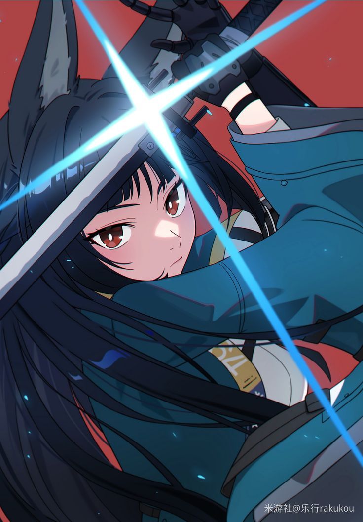 1girl animal_ear_fluff animal_ears artist_name black_gloves black_hair blunt_bangs closed_mouth expressionless fox_ears fox_girl gloves green_jacket holding holding_sword holding_weapon hoshimi_miyabi image_sample jacket katana lexingrakukouu long_hair looking_at_viewer red_background red_eyes sidelocks simple_background solo sword upper_body weapon zenless_zone_zero