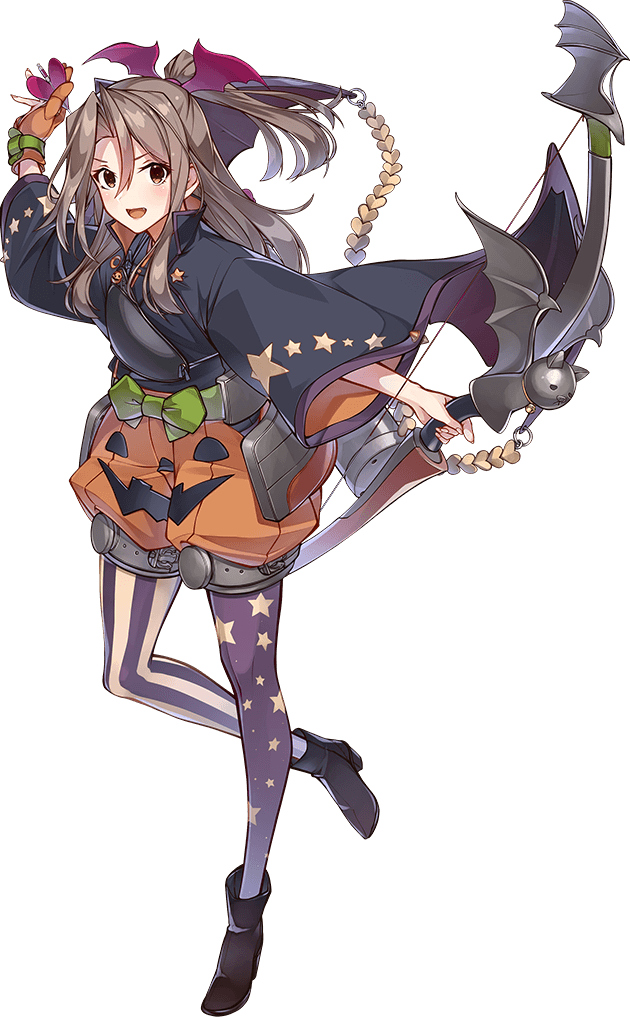 1girl adapted_weapon asymmetrical_legwear bat_(animal) bat_wings bow brown_eyes full_body gloves hair_between_eyes halloween_costume high_ponytail jack-o&#039;-lantern_print kantai_collection konishi_(koconatu) light_brown_hair long_hair long_sleeves looking_at_viewer mismatched_legwear official_art smile solo star_(symbol) star_print transparent_background wing_hair_ornament wings zuihou_(halloween_mode)_(kancolle) zuihou_(kancolle) zuihou_kai_ni_(kancolle)