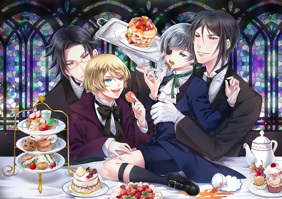 4boys alois_trancy black_hair blonde_hair blue_eyes cake candy ciel_phantomhive claude_faustus cookie cup cupcake food fork fruit glasses gloves kuroshitsuji macaron male_focus multiple_boys pancake pastry sebastian_michaelis strawberry sweets teacup tenkei tray white_gloves yellow_eyes