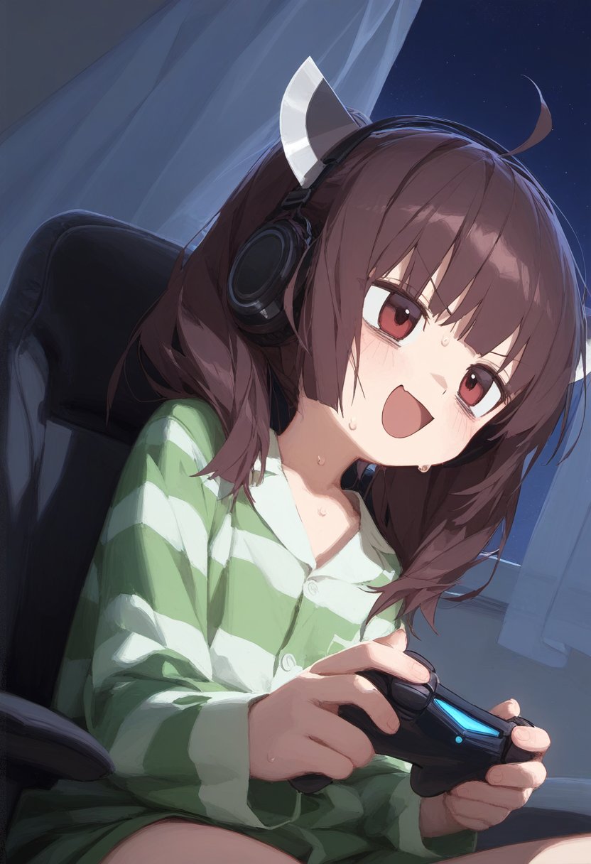 1girl 6bodpoq9 :d ahoge blush brown_hair chair controller curtains game_controller headphones highres holding indoors long_hair long_sleeves open_mouth playing_games red_eyes shirt sitting smile solo striped_clothes striped_shirt sweat touhoku_kiritan voiceroid