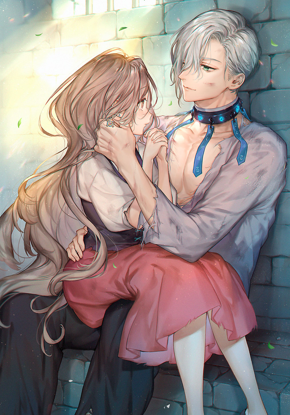 1boy 1girl blush brown_hair bruise collar copyright_request couple cover cover_page earrings green_eyes grey_hair hetero highres injury jewelry kaguyuzu long_hair looking_at_another novel_cover official_art prisoner shirt sitting sitting_on_lap sitting_on_person skirt smile sunlight torn_clothes torn_shirt