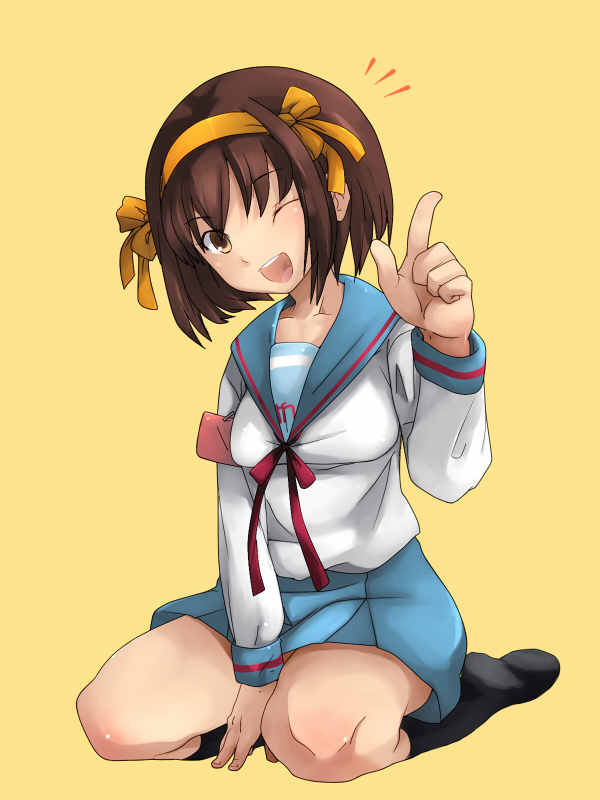 00s bad_id bad_pixiv_id brown_eyes brown_hair hairband kneeling knucklecurve one_eye_closed pointing school_uniform serafuku short_hair simple_background solo suzumiya_haruhi suzumiya_haruhi_no_yuuutsu wink yellow_background