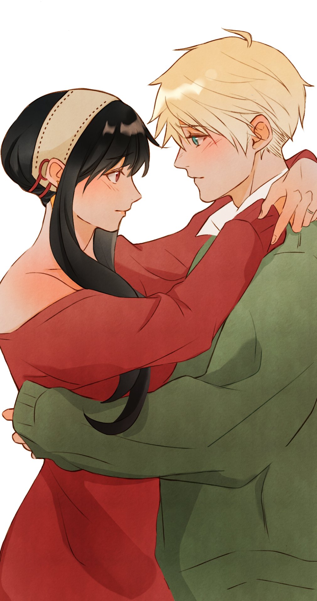 1boy 1girl hug arms_around_neck black_hair blonde_hair blue_eyes blush breasts couple green_sweater hair_between_eyes hair_up hairband hetero highres long_hair long_sleeves looking_at_another mmariesr red_eyes red_sweater shirt short_hair sidelocks spy_x_family sweater twilight_(spy_x_family) upper_body white_background white_hairband white_shirt yor_briar