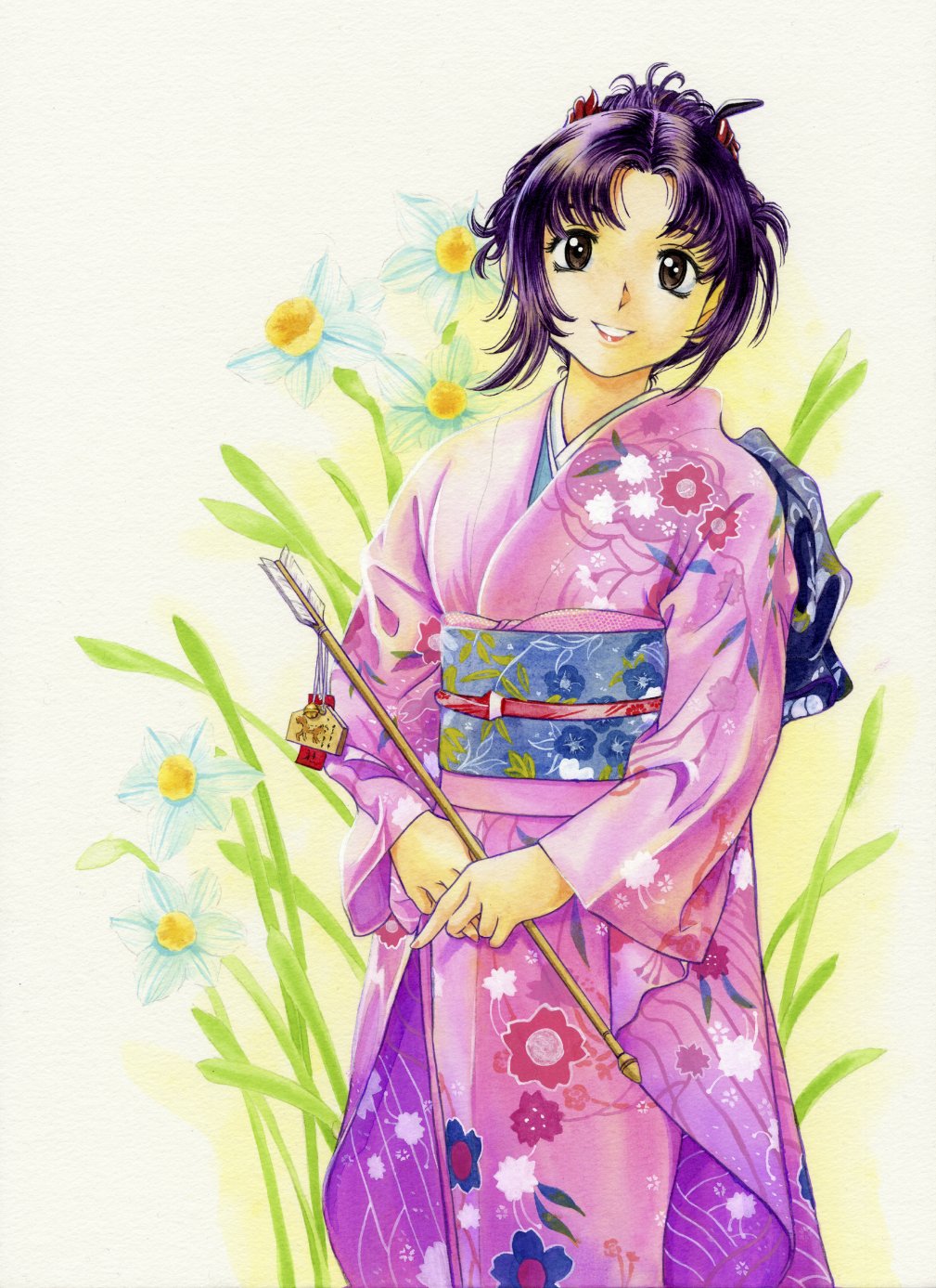 1girl alternate_hairstyle amagami arrow_(projectile) black_eyes black_hair character_request check_character check_copyright copyright_request curtained_hair floral_print flower fukudahda hair_bun highres holding holding_arrow japanese_clothes kimono looking_at_viewer obi omikuji pink_kimono print_kimono sash short_hair smile solo standing tanamachi_kaoru white_flower