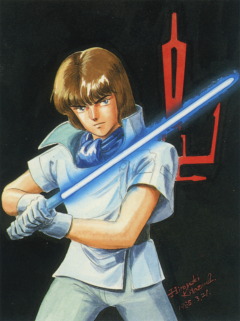 1980s_(style) 1985 1boy blue_eyes brown_hair daba_myroad dated emblem energy_sword fighting_stance gloves juusenki_l-gaim kitazume_hiroyuki male_focus mullet official_art oldschool promotional_art retro_artstyle scan scarf science_fiction signature sword traditional_media weapon