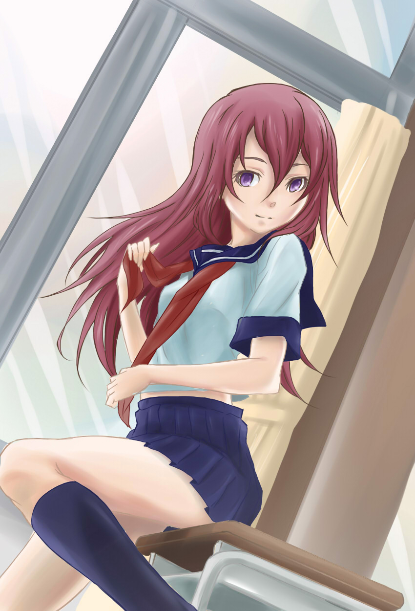 1girl black_socks blue_skirt brown_hair classroom desk female_focus highres long_hair manmaru_tamago miniskirt original pleated_skirt purple_eyes school school_desk school_uniform serafuku shirt sitting skirt smile socks solo white_shirt