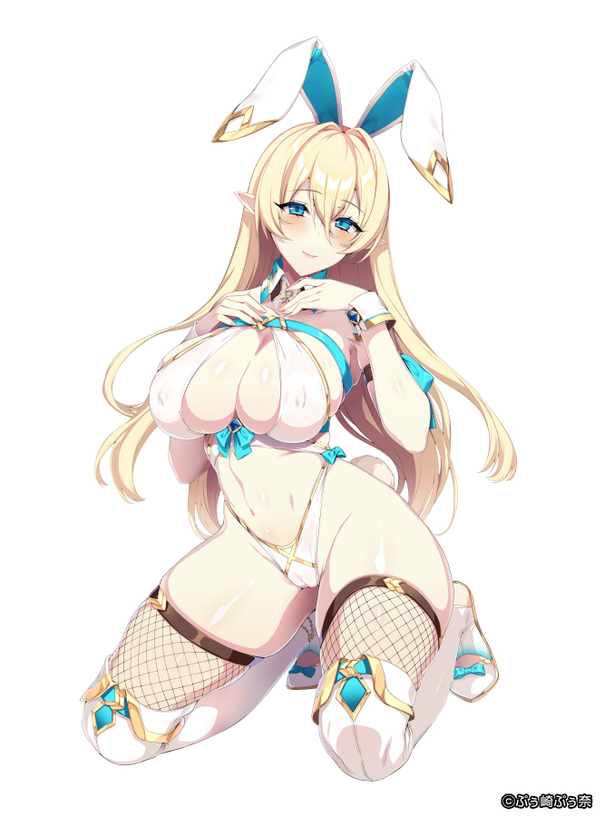 1girl animal_ears blonde_hair blue_eyes blush boots breasts cameltoe covered_erect_nipples fake_animal_ears fishnet_thighhighs fishnets kneeling large_breasts long_hair looking_at_viewer navel original pointy_ears puuzaki_puuna rabbit_ears simple_background solo thigh_boots thighhighs white_background