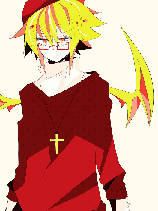 1boy blush demon_boy funamusea genderswap genderswap_(ftm) grey_hair haiiro_teien horns looking_at_viewer red_sweater sakiroll solo sweater yosafire_(funamusea)