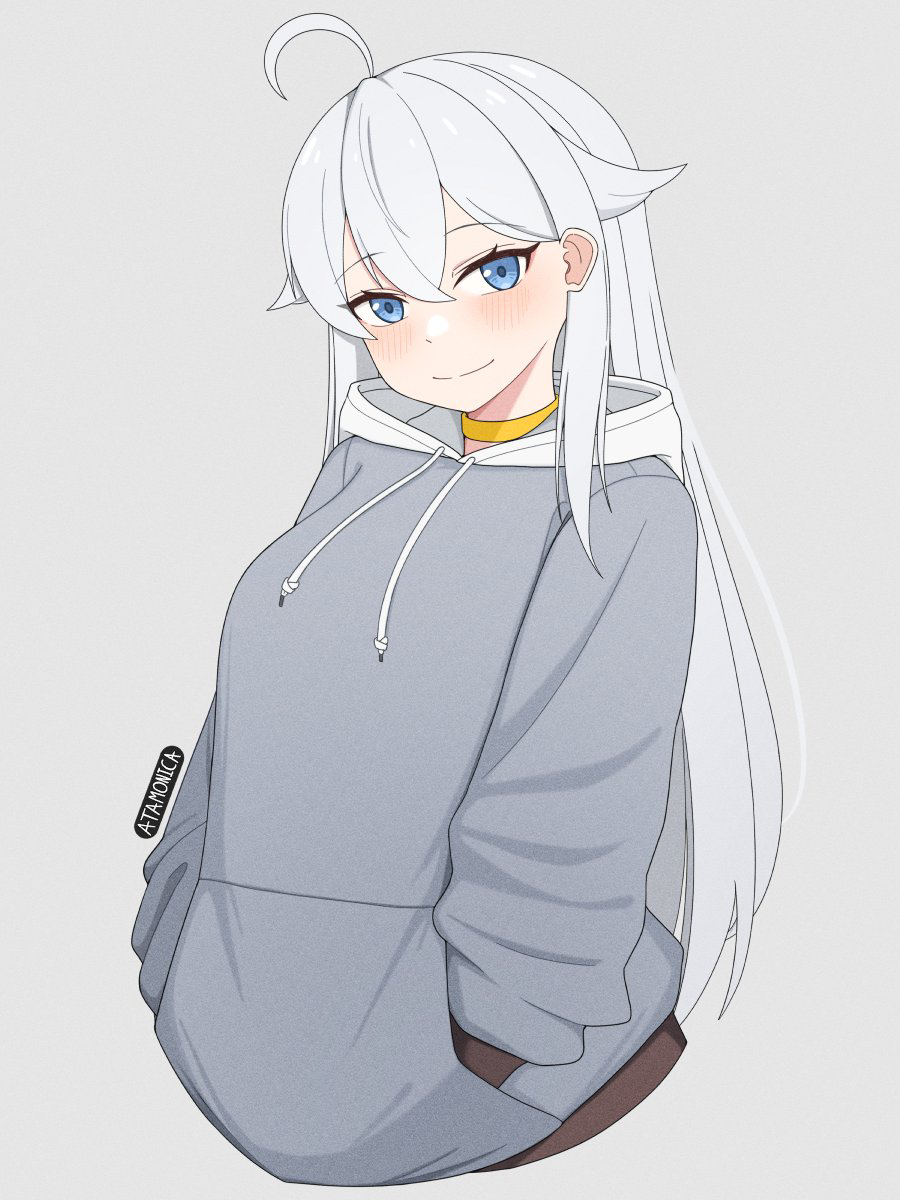 1girl ahoge artist_name atamonica blue_eyes choker commentary cropped_torso english_commentary grey_background grey_hair grey_hoodie hair_flaps hands_in_pockets highres hood hood_down hoodie long_hair long_sleeves looking_at_viewer original puffy_long_sleeves puffy_sleeves simple_background smile solo yellow_choker