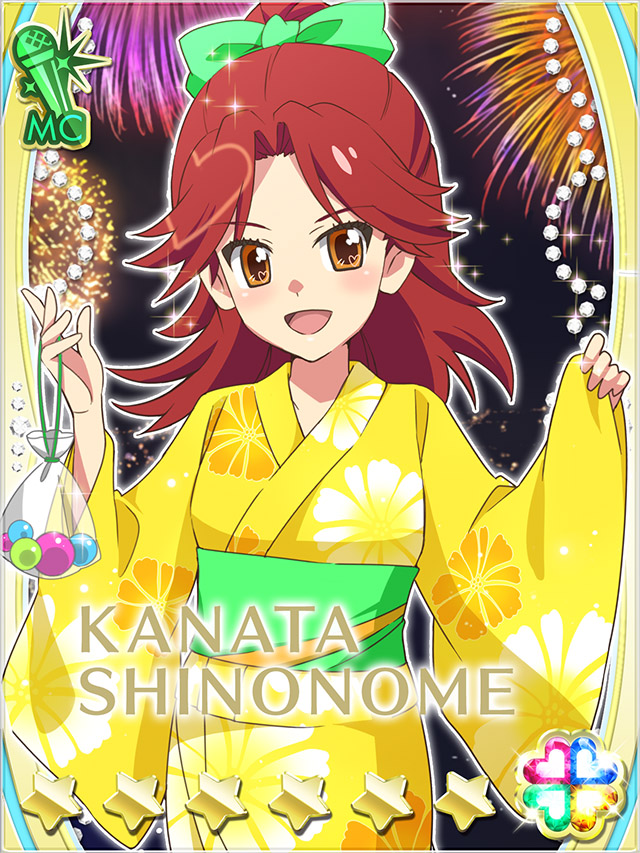 1girl :d aerial_fireworks akb0048 bag bow card_(medium) character_name cowboy_shot fireworks floral_print floral_print_kimono green_bow green_sash hair_bow heart high_ponytail holding holding_bag japanese_clothes kimono long_hair night non-web_source obi official_art open_mouth ponytail print_kimono red_hair sash shinonome_kanata smile solo sparkle standing star_(symbol) summer_festival wide_sleeves yellow_kimono yukata