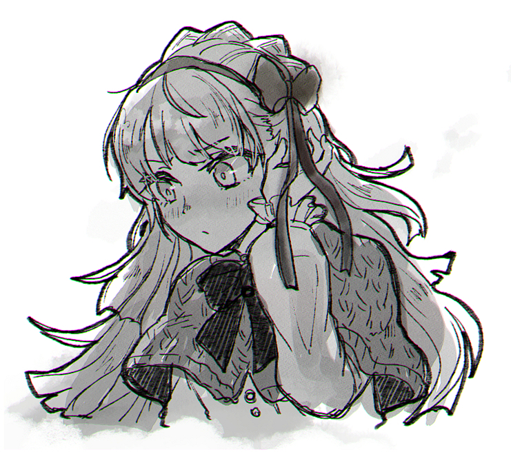 1girl blush bow bowtie braid buttons capelet closed_mouth crown_braid greyscale hair_bow hairband hand_up lobotomy_corporation long_sleeves looking_to_the_side monochrome project_moon simple_background solo tiphereth_a_(project_moon) upper_body yono_neie