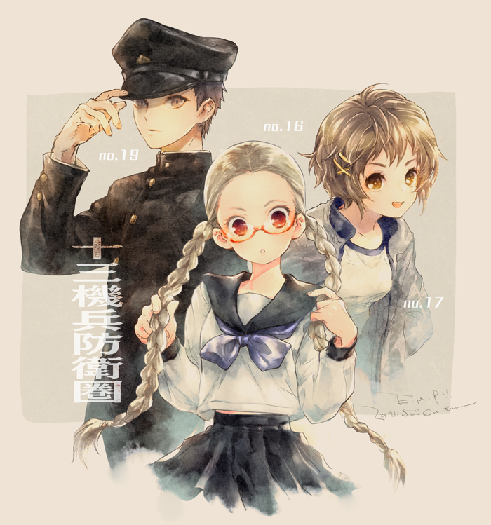 1boy 2girls black_hat black_jacket blonde_hair blue_neckerchief braid brown_eyes brown_hair gakuran glasses grey_eyes grey_serafuku gym_shirt gym_uniform hair_ornament hairclip hands_in_hair hands_on_headwear hat holding holding_own_hair jacket juusan_kihei_bouei_ken kisaragi_tomi military_hat minami_natsuno multiple_girls neckerchief pleated_skirt red-framed_eyewear red_eyes sailor_collar school_uniform semi-rimless_eyewear serafuku shirt short_hair simple_background skirt track_jacket twin_braids u_emmm white_shirt