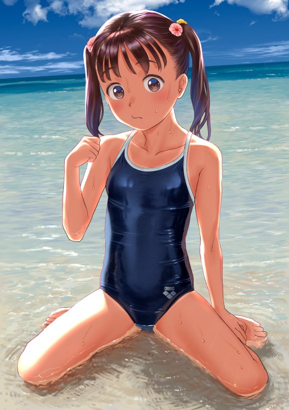 1girl arena_(company) blue_one-piece_swimsuit blue_sky breasts brown_eyes brown_hair cloud collarbone commentary_request day horizon long_hair looking_at_viewer mu-pyon ocean one-piece_swimsuit original outdoors sitting sky small_breasts solo swimsuit wariza wet wet_clothes wet_swimsuit