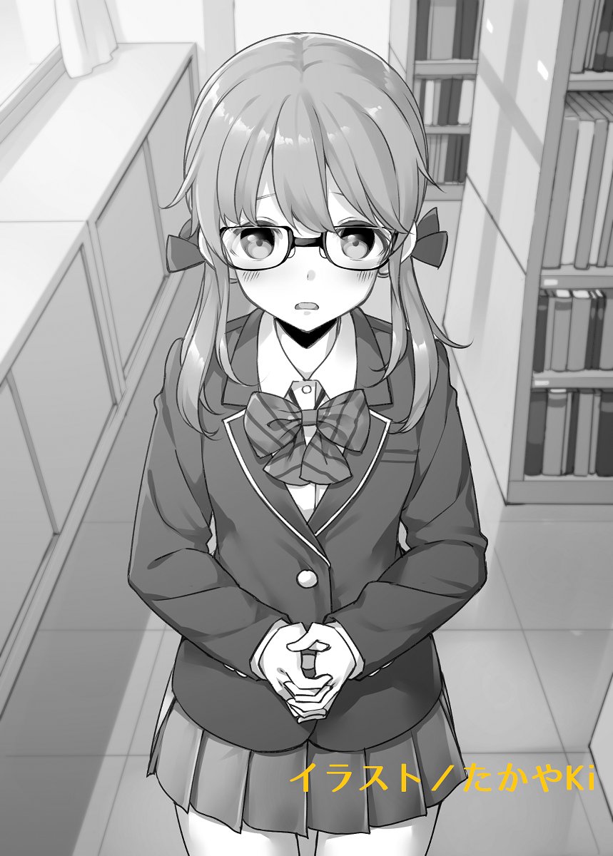 1girl artist_name bespectacled blazer blush bookshelf bow bowtie collared_shirt commentary_request cowboy_shot diagonal-striped_bow diagonal-striped_bowtie diagonal-striped_clothes glasses greyscale hair_ribbon highres interlocked_fingers jacket library long_sleeves looking_at_viewer mamahaha_no_tsurego_ga_moto_kano_datta minami_akatsuki monochrome novel_illustration official_alternate_hairstyle official_art own_hands_together parted_lips pleated_skirt ribbon school_uniform second-party_source shirt sidelocks skirt solo standing striped_clothes takayaki