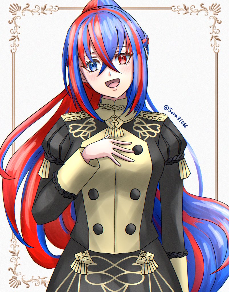 1girl alear_(female)_(fire_emblem) alear_(fire_emblem) alternate_costume blue_eyes blue_hair crossed_bangs fire_emblem fire_emblem_engage garreg_mach_monastery_uniform heterochromia long_hair multicolored_hair nintendo official_alternate_hairstyle open_mouth red_eyes red_hair sera31066 split-color_hair tiara twitter_username two-tone_hair very_long_hair