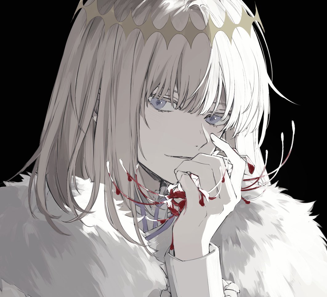 1boy black_background blue_eyes cape crown diamond_hairband fate/grand_order fate_(series) flower fur_collar holding holding_flower long_sleeves male_focus medium_hair no_wings nozz177 oberon_(fate) official_alternate_costume simple_background solo spider_lily upper_body white_cape white_fur white_hair