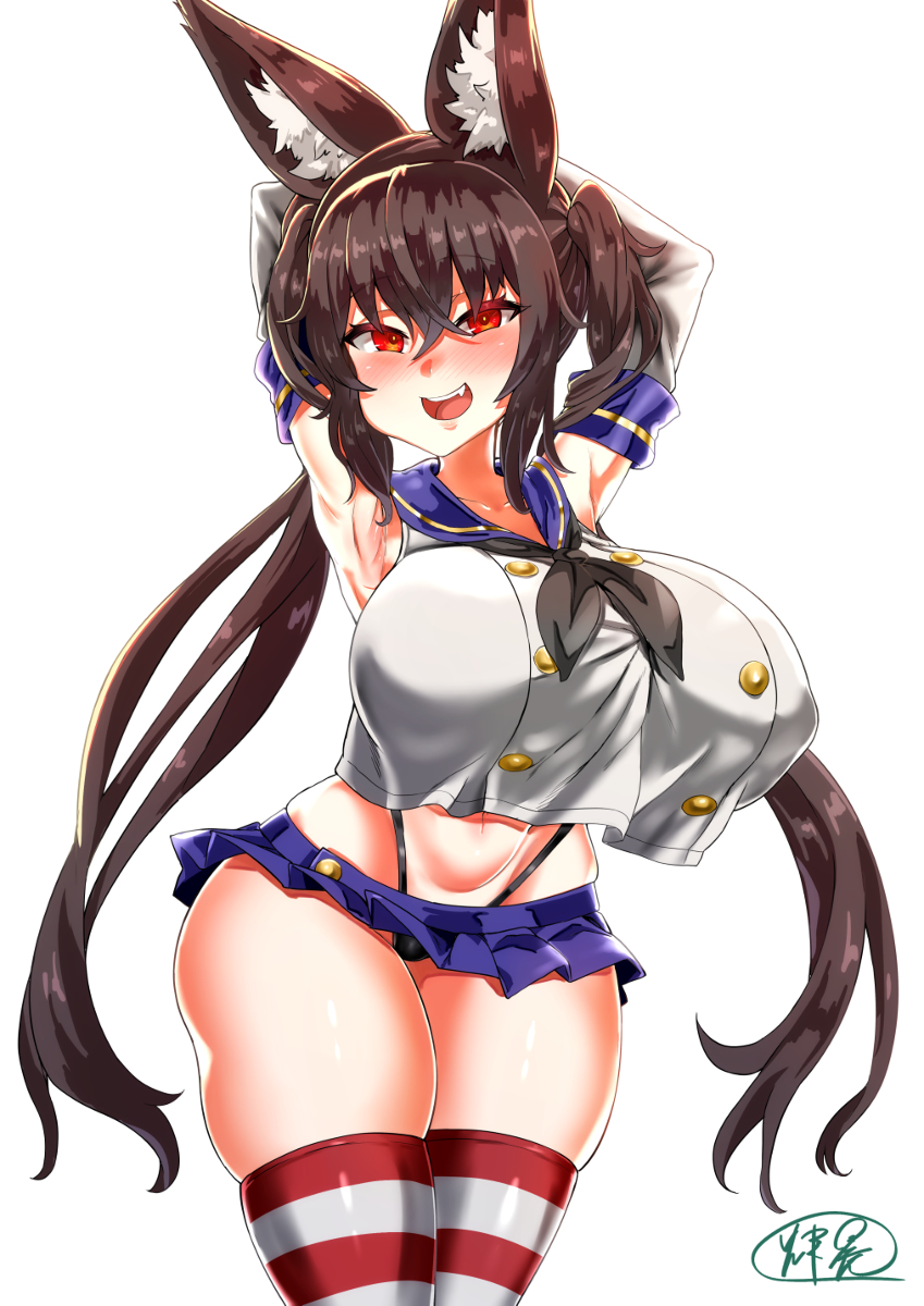 1girl animal_ears asanagi_(style) breasts brown_hair cosplay fang highres kantai_collection kishin_tatu large_breasts miniskirt red_eyes shimakaze_(kancolle)_(cosplay) skindentation skirt solo thick_thighs thighhighs thighs thong