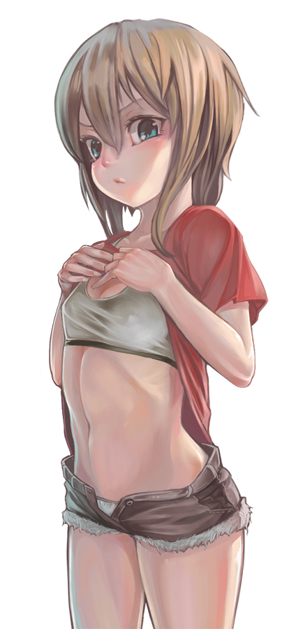 1girl blue_eyes clothes_lift collarbone cowboy_shot cutoffs female_focus flat_chest frown gundam gundam_zz konnyaku konnyaku_(kk-monmon) midriff navel open_clothes open_fly open_shirt orange_hair panties puru_two shirt shirt_lift short_hair short_shorts short_sleeves shorts simple_background solo sports_bra standing taut_clothes thighs underwear unzipped white_background white_panties