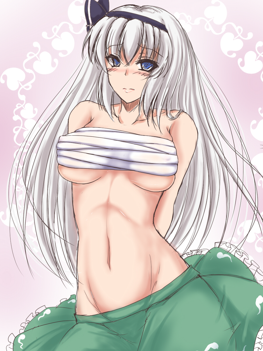 1girl alternate_hair_length alternate_hairstyle arms_behind_back bare_shoulders blue_eyes blush breasts chest_sarashi female_focus groin hairband highres konpaku_youmu large_breasts long_hair negamaro no_panties aged_up sarashi silver_hair solo touhou very_long_hair