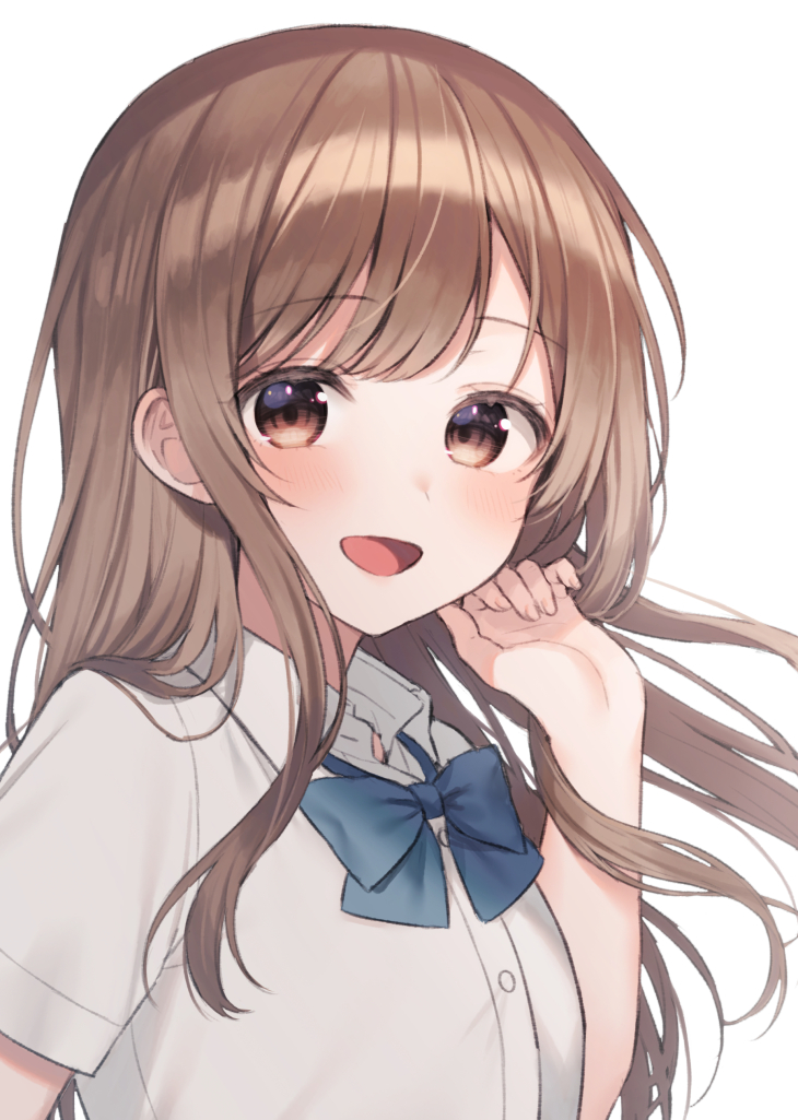 1girl :d blue_bow blush bow brown_eyes brown_hair collared_shirt commentary_request dress_shirt hand_up long_hair midorikawa_you open_mouth original school_uniform shirt short_sleeves simple_background smile solo upper_body white_background white_shirt