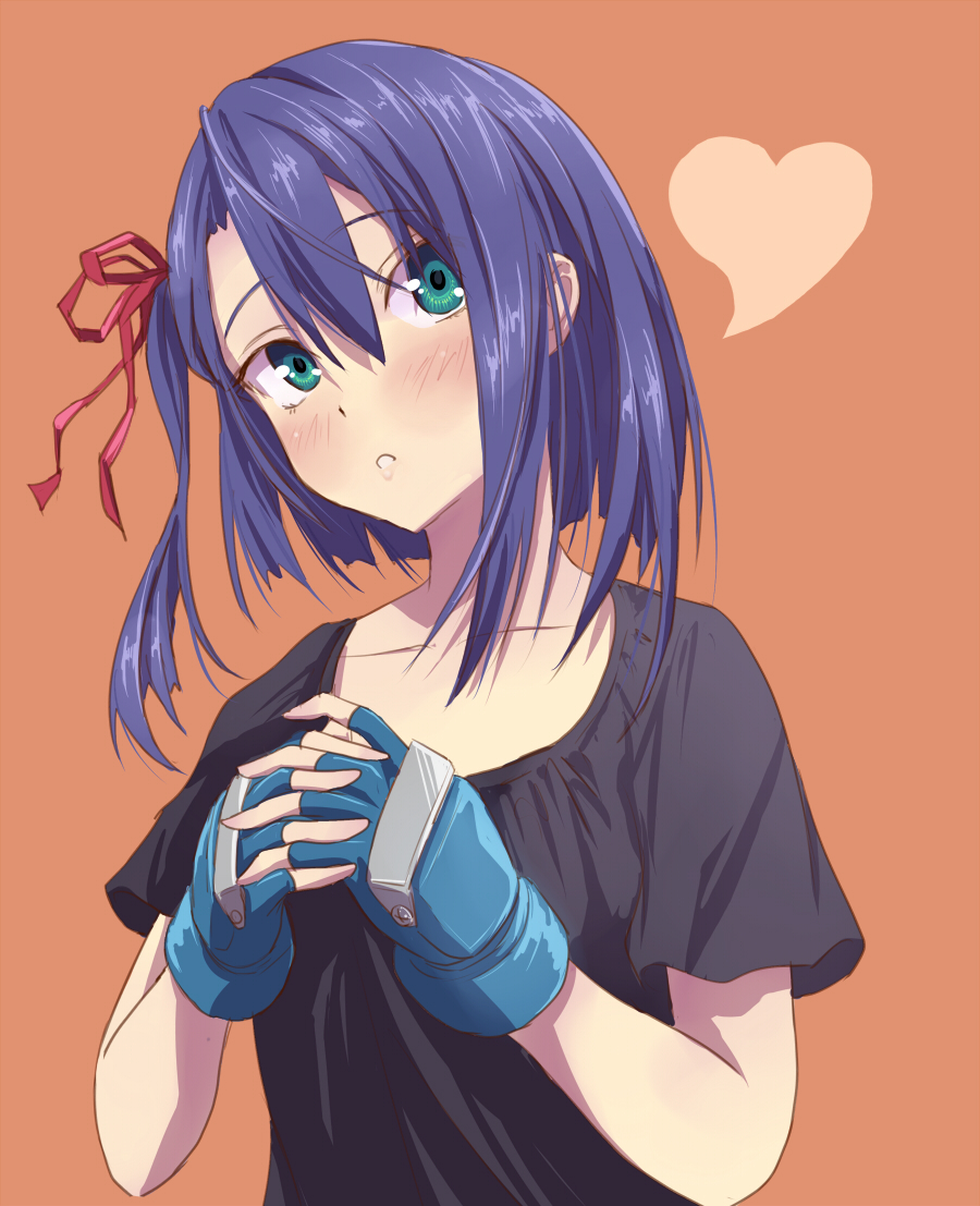 1girl blue_hair blush bow brass_knuckles female_focus fingerless_gloves gloves hair_bow hair_ribbon heart kaeru314 kaeru_(kaerism) original ribbon ruri_(kaeru314) short_hair solo weapon