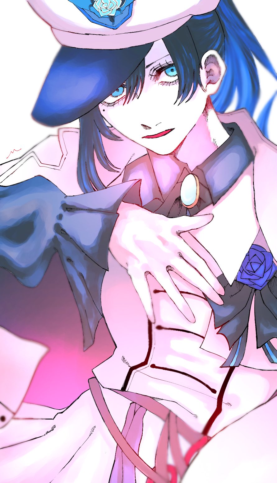 1girl ado_(utaite) black_bow black_hair black_shirt blue_brooch blue_hair bow chando_(ado) collared_shirt commentary flower_brooch hair_between_eyes hashtag-only_commentary hat highres long_hair long_sleeves looking_at_viewer m67756016 military_hat mole mole_under_eye official_alternate_costume ponytail shirt simple_background solo utaite white_background white_brooch white_hat