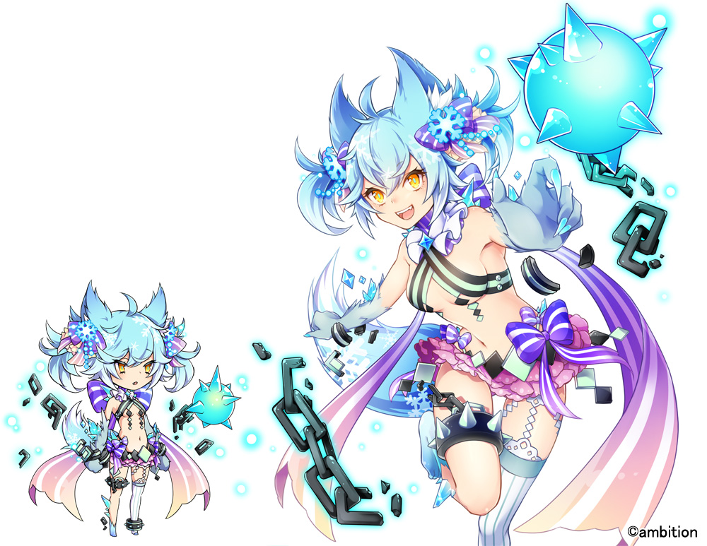 1girl :d aki_no_jikan animal_ears arms_at_sides ass ball_and_chain_restraint bare_shoulders blue_bow bow breasts broken broken_chain chain claws grey_hair hair_ornament looking_at_viewer maru-kichi midriff multiple_views navel official_art open_mouth short_twintails single_thighhigh small_breasts smile snowflake_hair_ornament standing standing_on_one_leg tail thighhighs twintails watermark white_thighhighs wolf_tail yellow_eyes