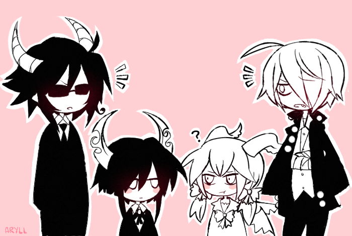 1girl 3boys adauchi_(funamusea) aryll_(marbles) brother_and_sister child demon_boy demon_girl funamusea glasses_(funamusea) haiiro_teien half-brothers half-siblings licorice_(funamusea) looking_at_another multiple_boys poemi_(funamusea) siblings