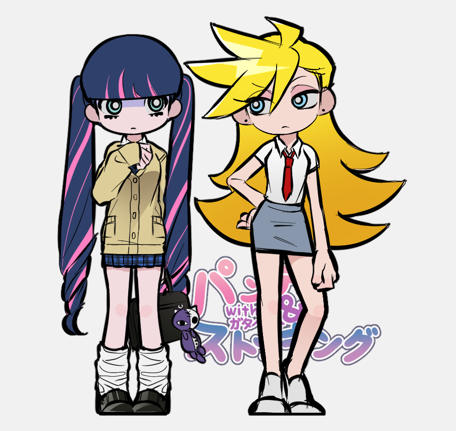 2girls alternate_costume black_footwear blonde_hair blue_eyes blue_hair blue_skirt blunt_bangs breasts brown_shirt full_body grey_skirt hand_on_own_hip jjjjtaaaku leg_warmers long_hair looking_at_another miniskirt multicolored_hair multiple_girls panty_&amp;_stocking_with_garterbelt panty_(psg) pink_hair shirt siblings simple_background sisters skirt standing stocking_(psg) twintails two-tone_hair white_background white_leg_warmers white_shirt