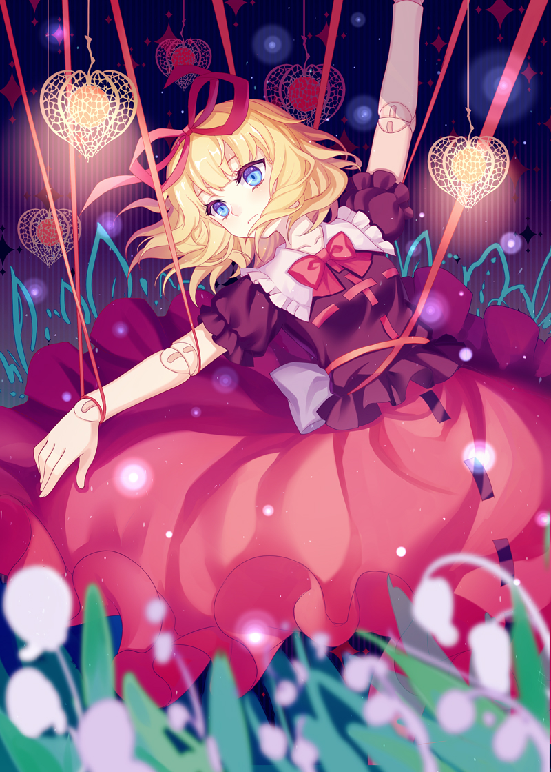 1girl arm_up blonde_hair blue_background blue_eyes blurry bound bow bowtie chinese_lantern_(plant) commentary_request cowboy_shot depth_of_field doll_joints duplicate expressionless flower frilled_shirt_collar frilled_skirt frilled_sleeves frills gradient_background hair_ribbon hanging_light joints leaning_back light_particles lily_of_the_valley looking_to_the_side medicine_melancholy mirror_(xilu4) outstretched_arm pixel-perfect_duplicate puffy_short_sleeves puffy_sleeves red_bow red_bowtie red_ribbon red_shirt red_skirt ribbon shirt short_hair short_sleeves skirt solo striped_background touhou white_flower wind wind_lift