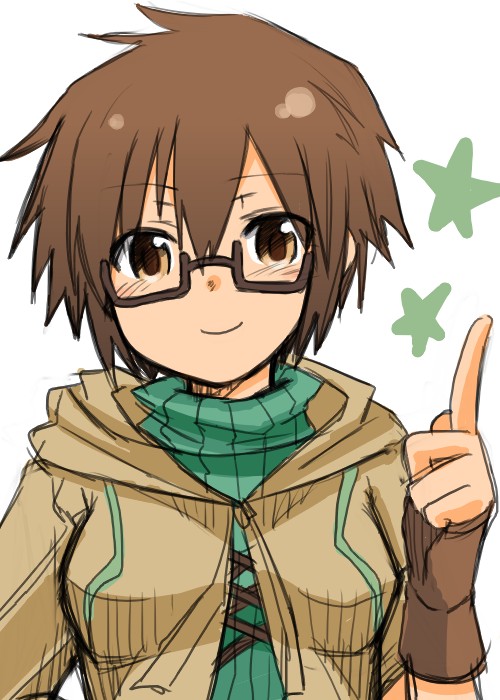 aussa_the_earth_charmer brown_eyes brown_hair choutako coat duel_monster fingerless_gloves glasses gloves short_hair star_(symbol) turtleneck yu-gi-oh! yu-gi-oh!_duel_monsters