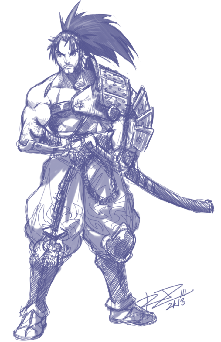 1boy armor bad_id bad_tumblr_id greaves hand_on_hilt heishiro_mitsurugi japanese_armor katana long_hair male_focus mitsurugi monochrome mouth_hold muscular ponytail purple_theme robaato scar sketch solo soul_calibur straw_(stalk) sword weapon