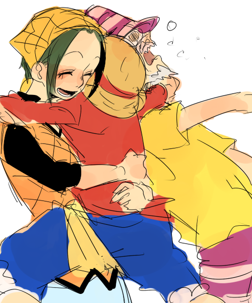 1girl 2boys beard blue_shorts commentary_request facial_hair glasses green_hair hat headscarf hug jump_(ah0029) long_sleeves makino_(one_piece) monkey_d._luffy multiple_boys one_piece scarf shirt shorts simple_background white_background woop_slap yellow_scarf yellow_shirt