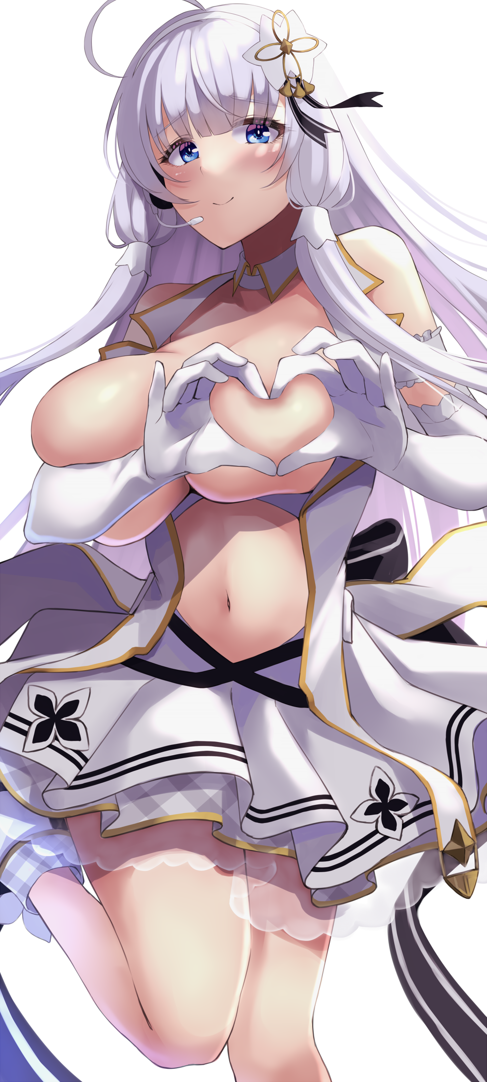 1girl ahoge azur_lane bare_shoulders blue_eyes breasts breasts_out brown_ribbon clothing_cutout commentary dress elbow_gloves gloves headpiece heart heart-shaped_boob_challenge heart_hands highres huge_breasts idol illustrious_(azur_lane) illustrious_(muse)_(azur_lane) jacket layered_dress leg_up long_hair low_tied_hair navel ribbon see-through_clothes short_dress simple_background sleeveless solo stomach_cutout very_long_hair wee_(weeyy) white_background white_dress white_footwear white_gloves white_hair white_jacket