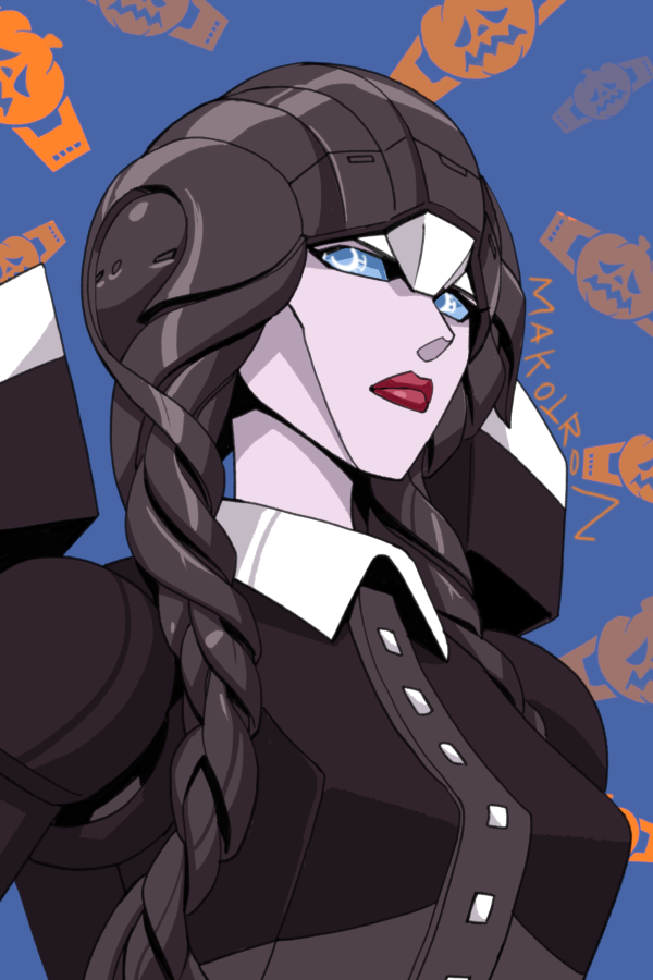 1girl addams_family arcee artist_name autobot blue_background blue_eyes commentary english_commentary frown fusion halloween looking_to_the_side makoto_ono mecha red_lips robot solo transformers transformers:_generation_1 wednesday_(netflix) wednesday_addams