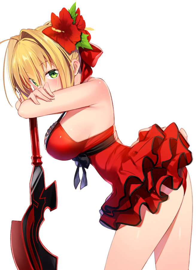 1girl arm_rest bare_shoulders blonde_hair bow dress fate/extra fate_(series) flower frilled_skirt frills green_eyes hair_bow hair_flower hair_intakes hair_ornament halter_dress halterneck kei_(soundcross) looking_at_viewer nero_claudius_(fate) nero_claudius_(fate)_(all) nero_claudius_(fate/extra) official_alternate_costume panties red_dress red_panties simple_background skirt solo sword underwear weapon white_background