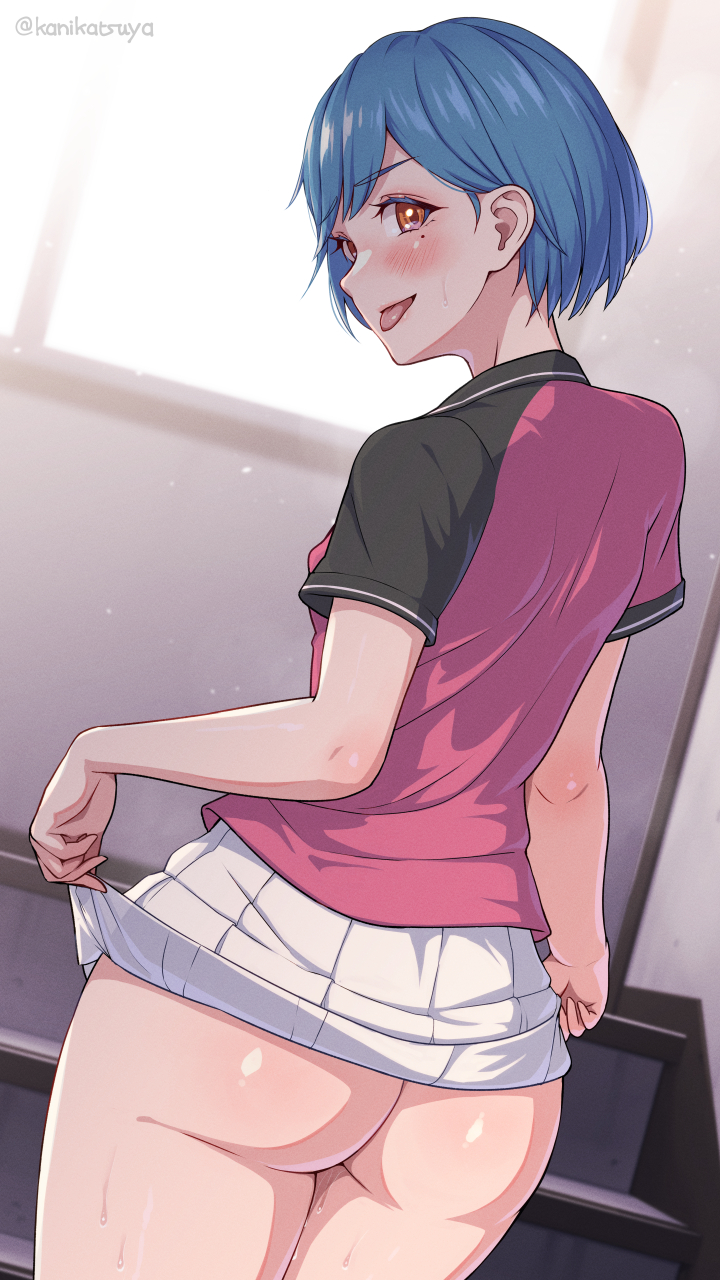 1girl ass ass_focus blue_hair blush clothes_lift from_behind highres kanikatsuya looking_at_viewer looking_back mole mole_under_eye no_panties open_mouth orange_eyes original pink_shirt pussy_juice shirt short_hair skirt skirt_lift smile solo sportswear standing sweat tennis_uniform wet white_skirt