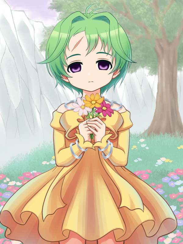 1girl aira_(grandia) bow bracelet closed_mouth cowboy_shot dress empty_eyes expressionless flower grandia grandia_ii green_hair hair_intakes holding holding_flower inumaru75707951 jewelry legs_apart looking_at_viewer outdoors purple_eyes scar short_hair solo standing tree yellow_bow yellow_dress