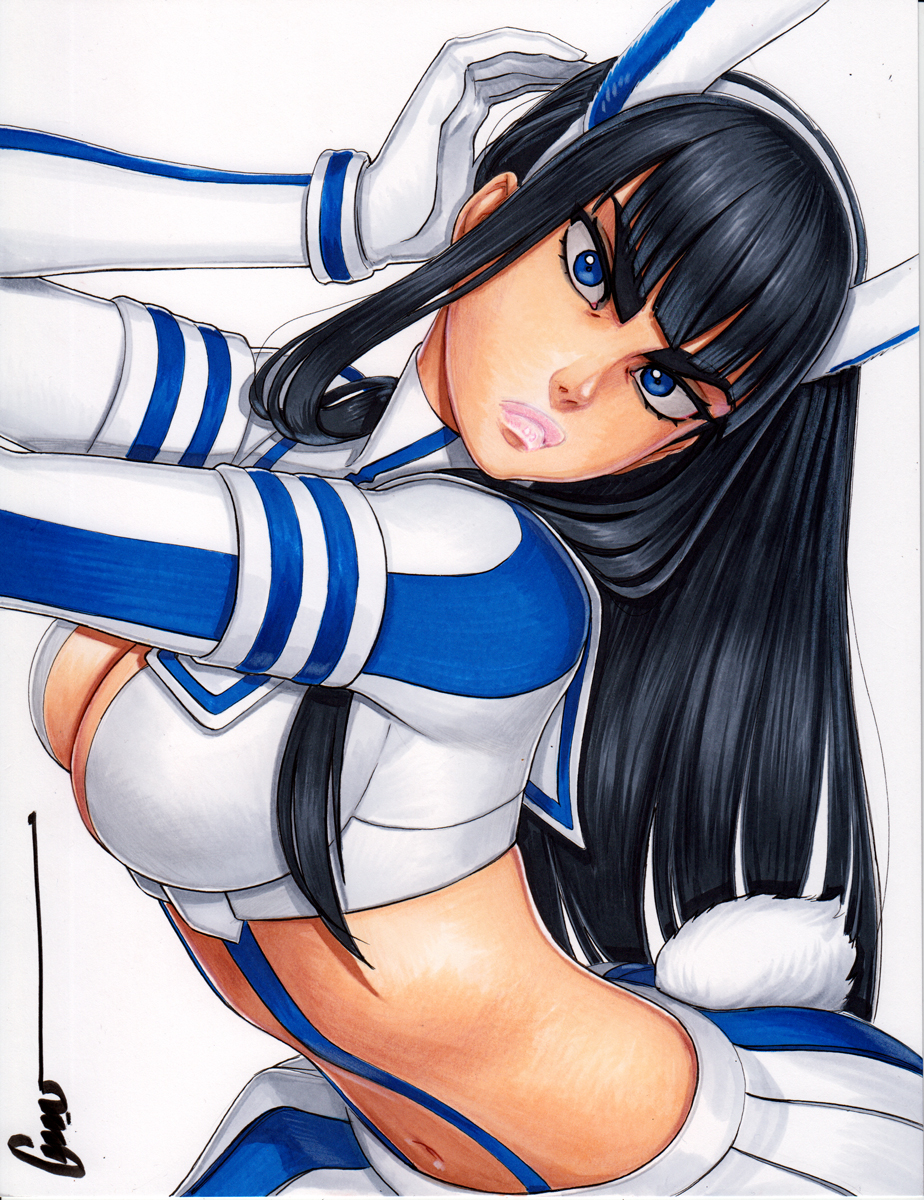 1girl animal_ears black_hair blue_eyes cleavage_cutout closed_mouth clothing_cutout crop_top fake_animal_ears fake_tail hairband highres junketsu kill_la_kill kiryuuin_satsuki long_hair looking_at_viewer omar_dogan rabbit_ears rabbit_girl rabbit_tail sailor_collar skirt solo suspender_skirt suspenders tail traditional_media white_hairband white_sailor_collar white_skirt