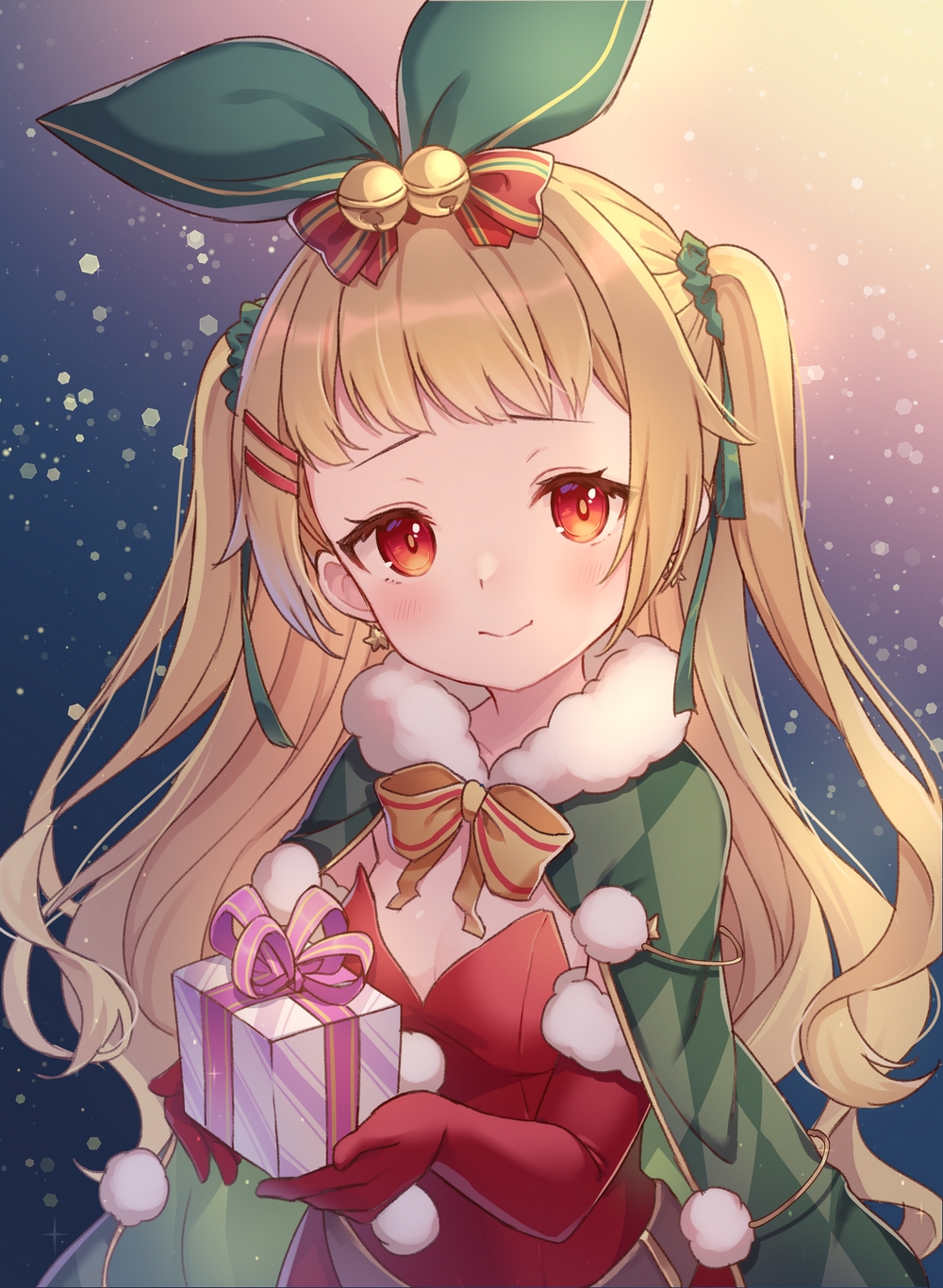 1girl azur_lane bell blonde_hair box cape christmas_present commission commissioner_upload dress earrings fur-trimmed_cape fur-trimmed_gloves fur_trim gift gift_box gloves green_cape green_ribbon hair_ornament hair_ribbon hairclip highres holding holding_gift jenkins_(azur_lane) jenkins_(light_of_the_holiest_star)_(azur_lane) jewelry long_hair looking_at_viewer official_alternate_costume red_dress red_eyes red_gloves ribbon skeb_commission smile solo star_(symbol) strapless strapless_dress wavy_hair yellow_ribbon yoshino_saku