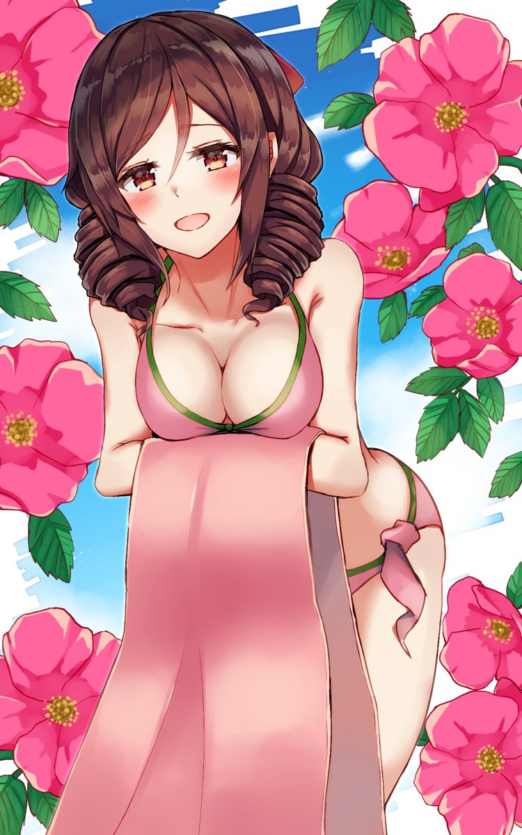 1girl bikini blush bow breasts brown_eyes brown_hair cleavage collarbone drill_hair flower hair_between_eyes hair_bow harukaze_(kancolle) harukaze_(swimsuit_mode)_(kancolle) highres kantai_collection leaf leaning_forward natsu_narumi open_mouth pink_bikini pink_flower red_bow short_hair side-tie_bikini_bottom solo swimsuit towel twin_drills