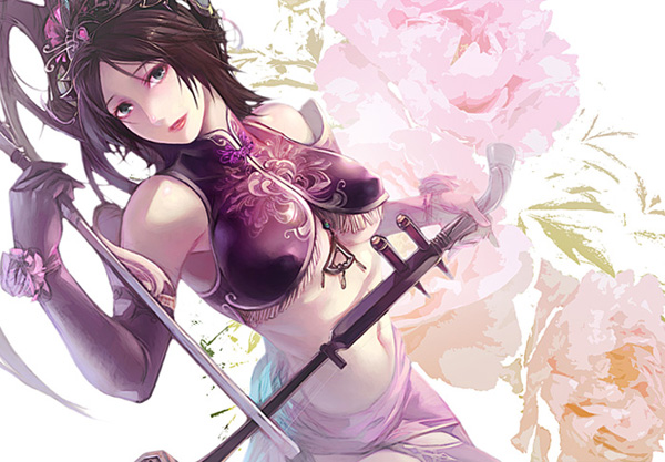 1girl aoin blue_eyes breasts brown_hair diao_chan elbow_gloves erhu eyeshadow female_focus gloves hair_ornament instrument kokyuu large_breasts makeup midriff navel shin_sangoku_musou solo underboob