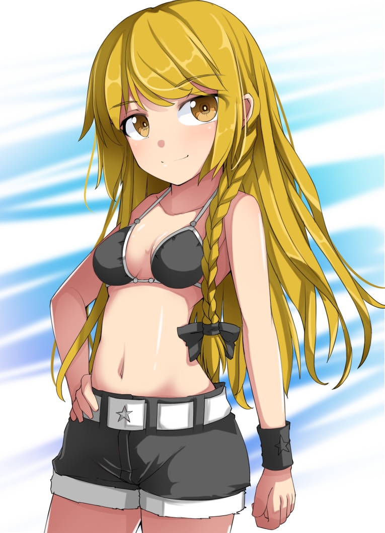 1girl alternate_costume bikini bikini_top_only black_bikini black_bow black_shorts blonde_hair bow braid closed_mouth commentary_request hair_bow hand_on_own_hip kirisame_marisa long_hair looking_at_viewer navel no_headwear short_shorts shorts side_braid single_braid smile solo star_(symbol) stomach swimsuit touhou uumaru very_long_hair yellow_eyes