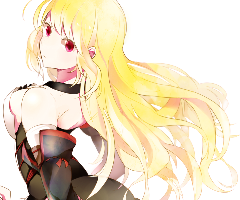 1girl back bare_shoulders blonde_hair breasts detached_sleeves female_focus long_hair milla_(fractured) pink_eyes ribbon simple_background skirt solo tales_of_(series) tales_of_xillia tales_of_xillia_2